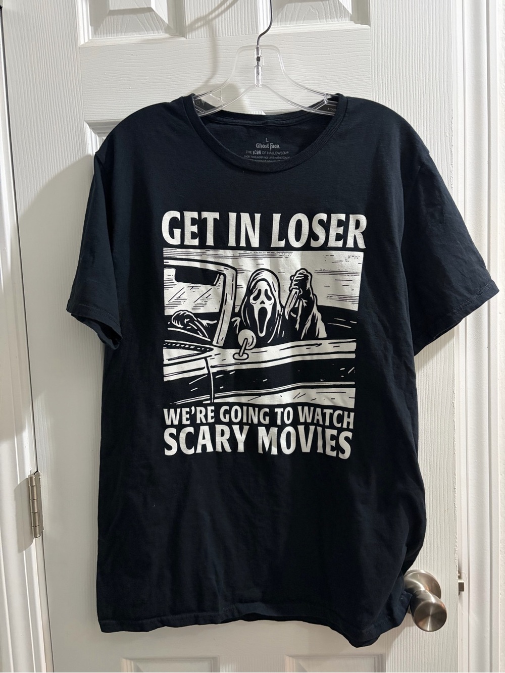 Ghost Face Get in Loser We're Going to Watch Scary Movies Graphic Tee in Black
